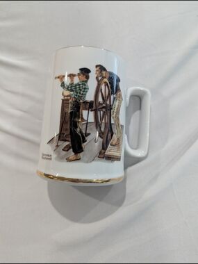 Norman Rockwell White Mug with Gold Trim and Multicolor Illustration